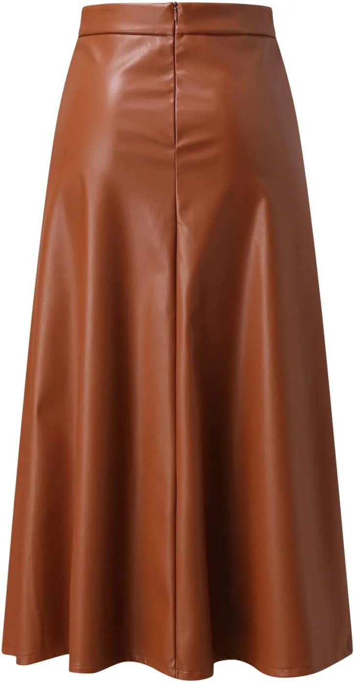 Women's PU Faux Leather High Rise Zip Back Flare Pleated Long A-Line Skirt for Office & Work Festival Party