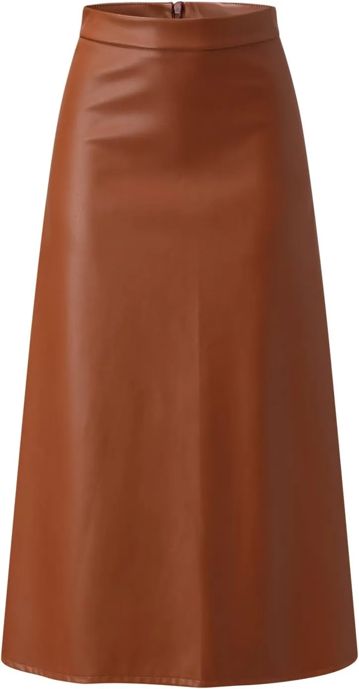 Women's PU Faux Leather High Rise Zip Back Flare Pleated Long A-Line Skirt for Office & Work Festival Party
