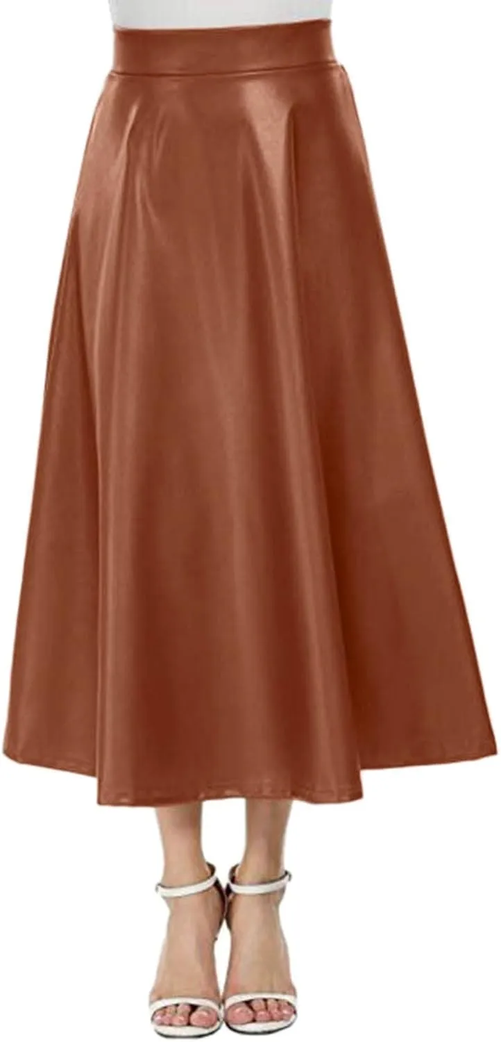Women's PU Faux Leather High Rise Zip Back Flare Pleated Long A-Line Skirt for Office & Work Festival Party