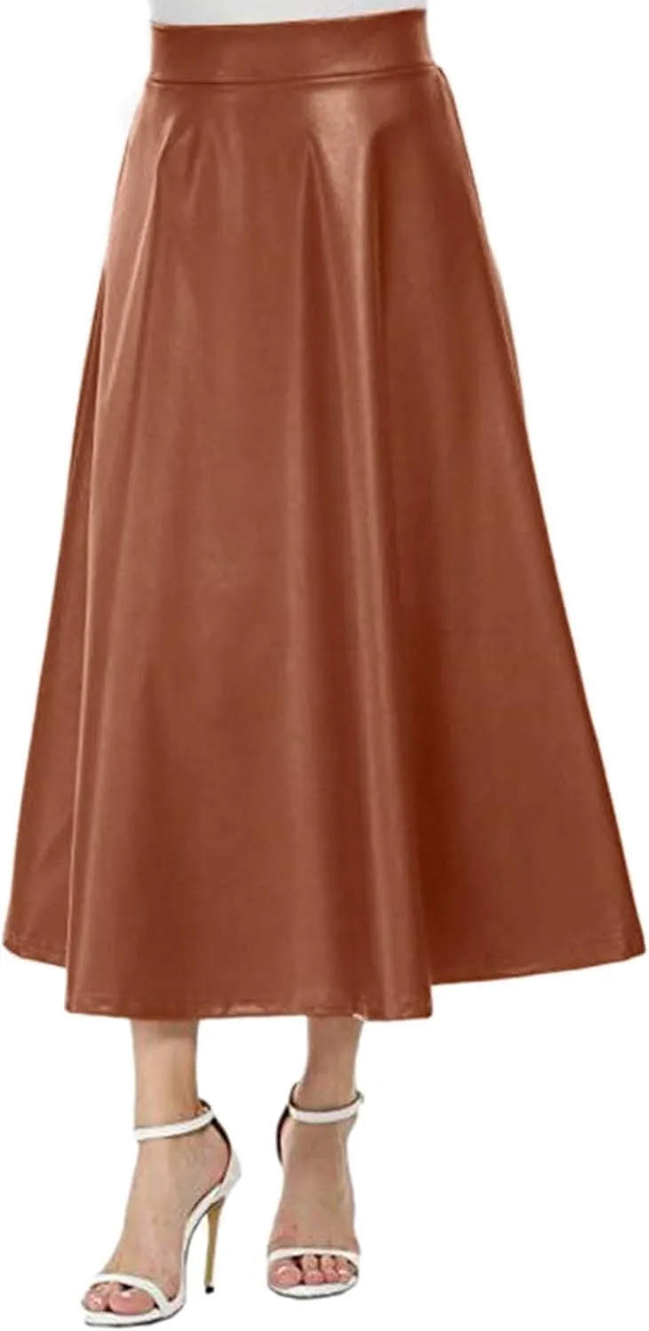 Women's PU Faux Leather High Rise Zip Back Flare Pleated Long A-Line Skirt for Office & Work Festival Party