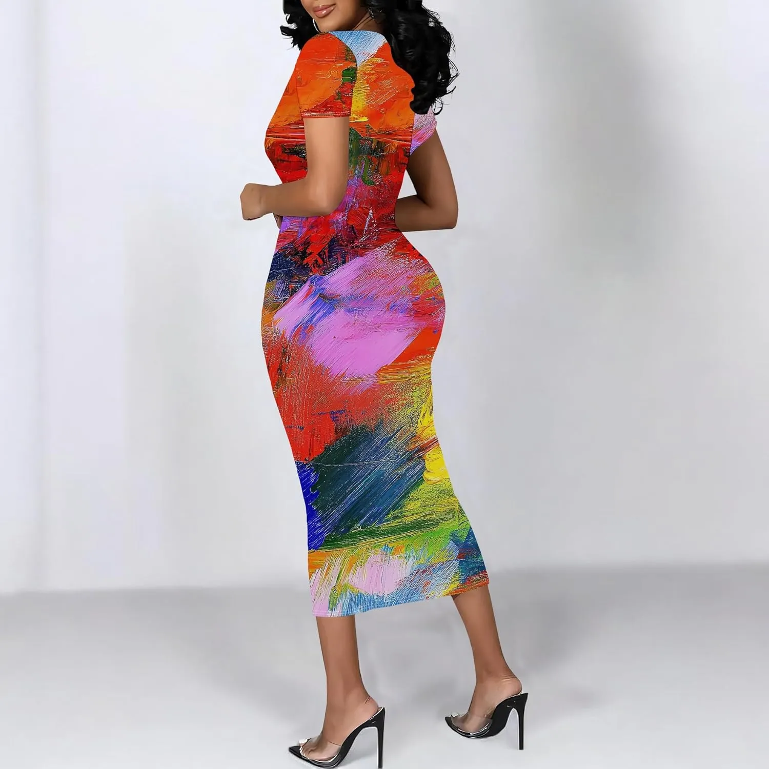 Women's Sexy Bodycon Mini Dresses Business Floral Print Midi Dress Casual Tshirt Short Sleeve Sundress Beach Vacation Outfits