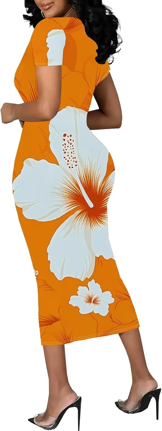 Women's Sexy Bodycon Mini Dresses Business Floral Print Midi Dress Casual Tshirt Short Sleeve Sundress Beach Vacation Outfits