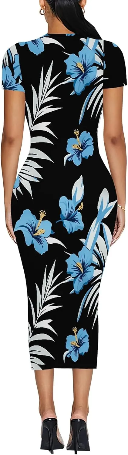 Women's Sexy Bodycon Mini Dresses Business Floral Print Midi Dress Casual Tshirt Short Sleeve Sundress Beach Vacation Outfits