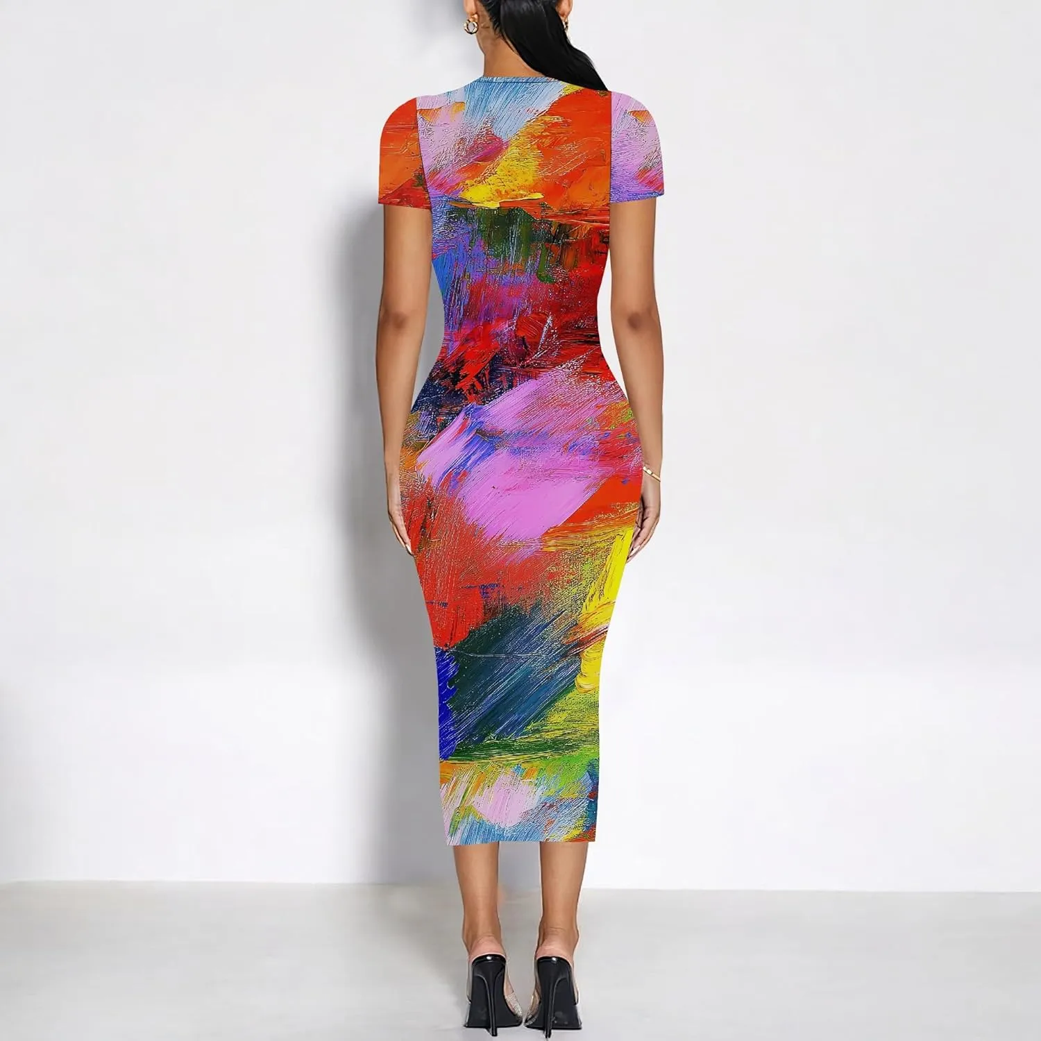 Women's Sexy Bodycon Mini Dresses Business Floral Print Midi Dress Casual Tshirt Short Sleeve Sundress Beach Vacation Outfits