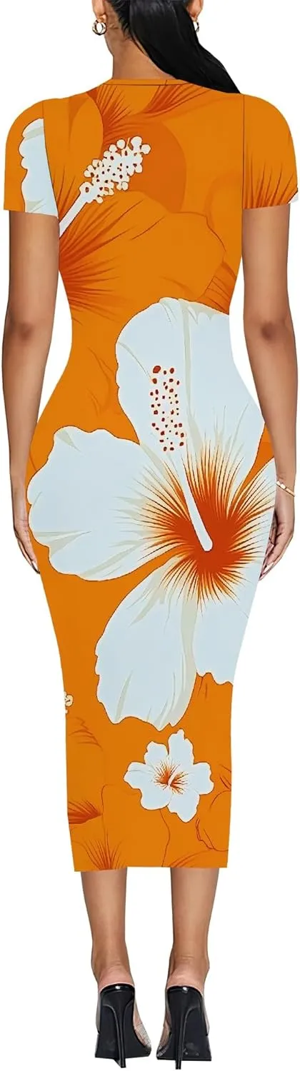 Women's Sexy Bodycon Mini Dresses Business Floral Print Midi Dress Casual Tshirt Short Sleeve Sundress Beach Vacation Outfits