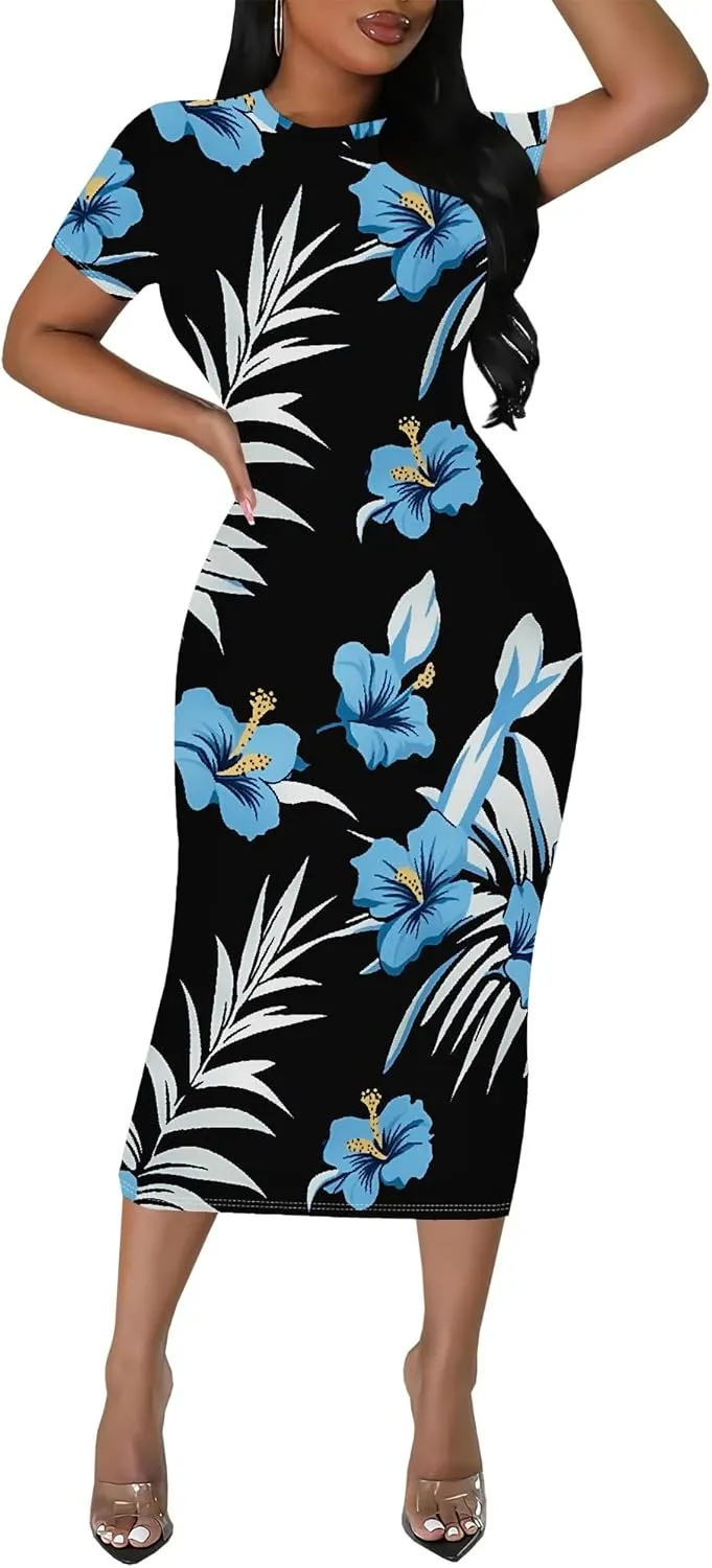 Women's Sexy Bodycon Mini Dresses Business Floral Print Midi Dress Casual Tshirt Short Sleeve Sundress Beach Vacation Outfits