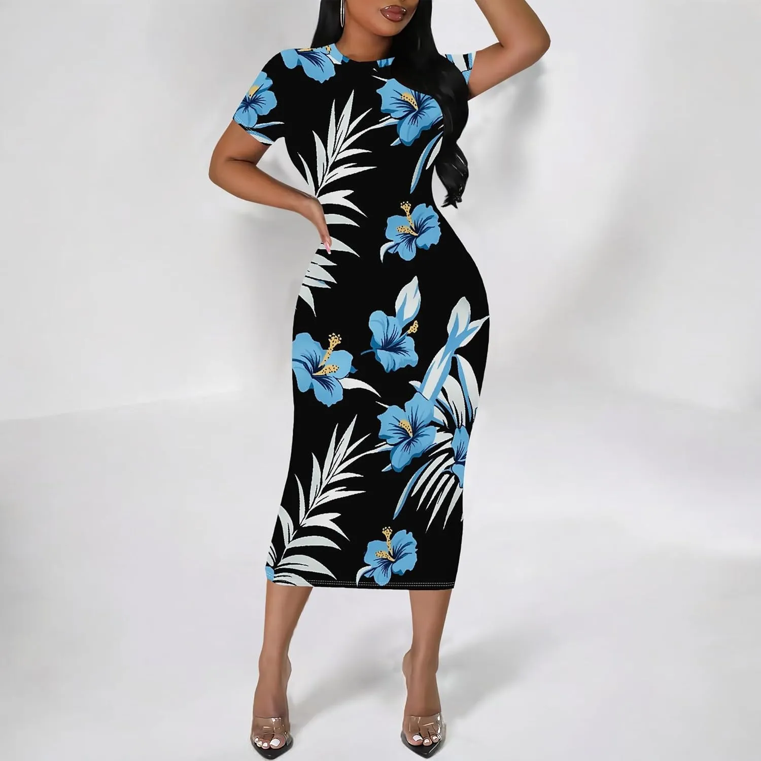 Women's Sexy Bodycon Mini Dresses Business Floral Print Midi Dress Casual Tshirt Short Sleeve Sundress Beach Vacation Outfits