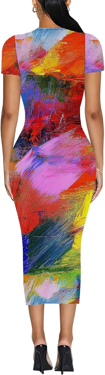 Women's Sexy Bodycon Mini Dresses Business Floral Print Midi Dress Casual Tshirt Short Sleeve Sundress Beach Vacation Outfits