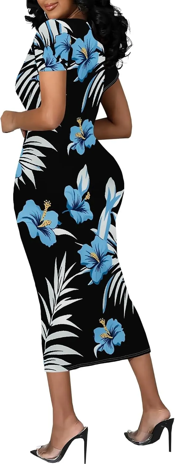 Women's Sexy Bodycon Mini Dresses Business Floral Print Midi Dress Casual Tshirt Short Sleeve Sundress Beach Vacation Outfits