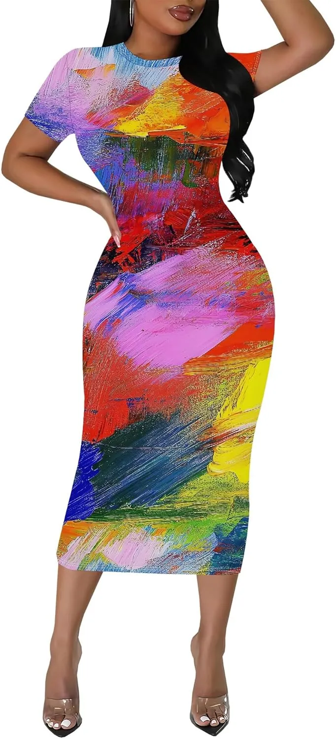 Women's Sexy Bodycon Mini Dresses Business Floral Print Midi Dress Casual Tshirt Short Sleeve Sundress Beach Vacation Outfits