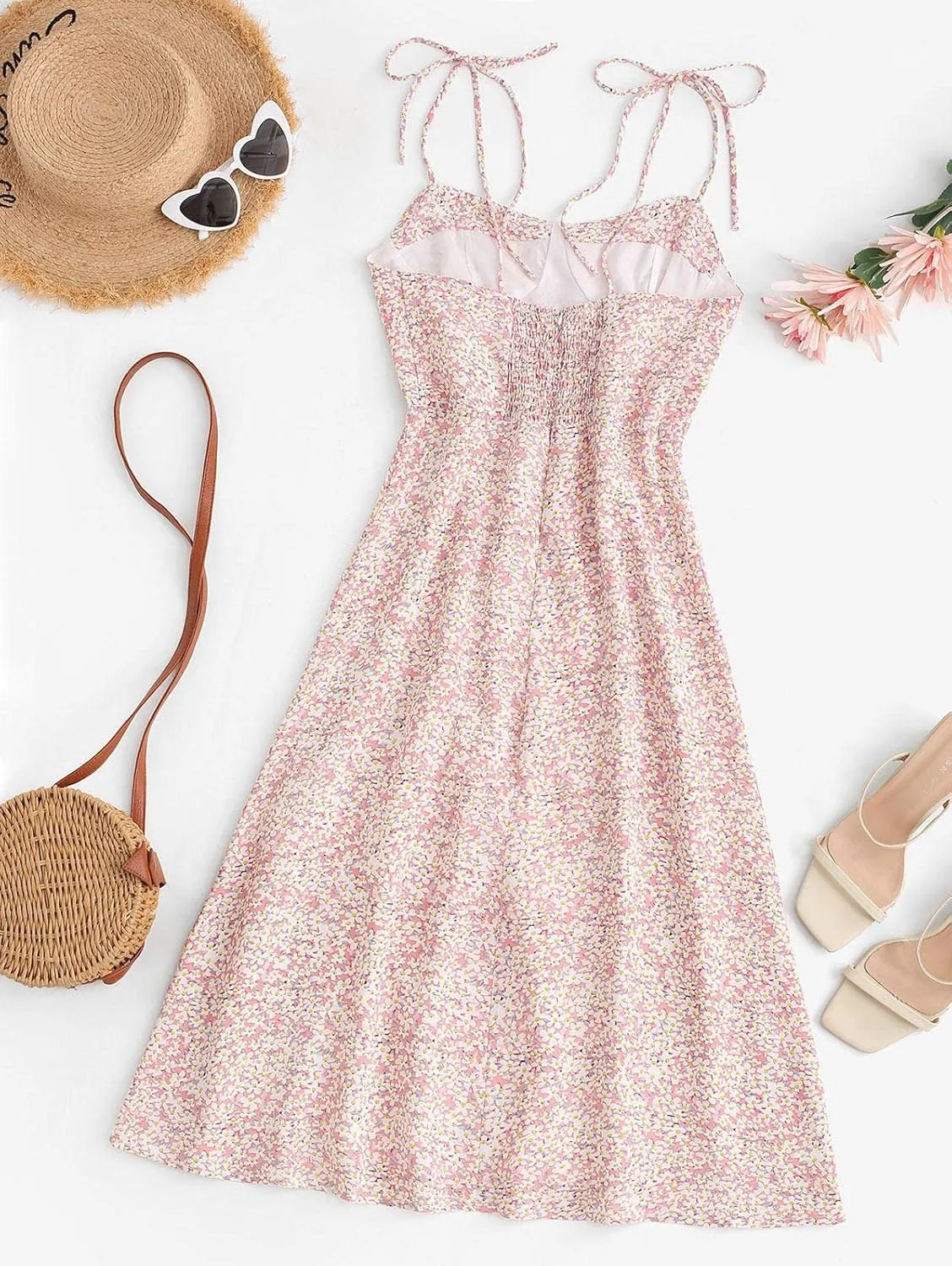 Women's Spaghetti Sleeveless Tie Shoulder Floral Print Strappy Sundress Casual Midi Dress