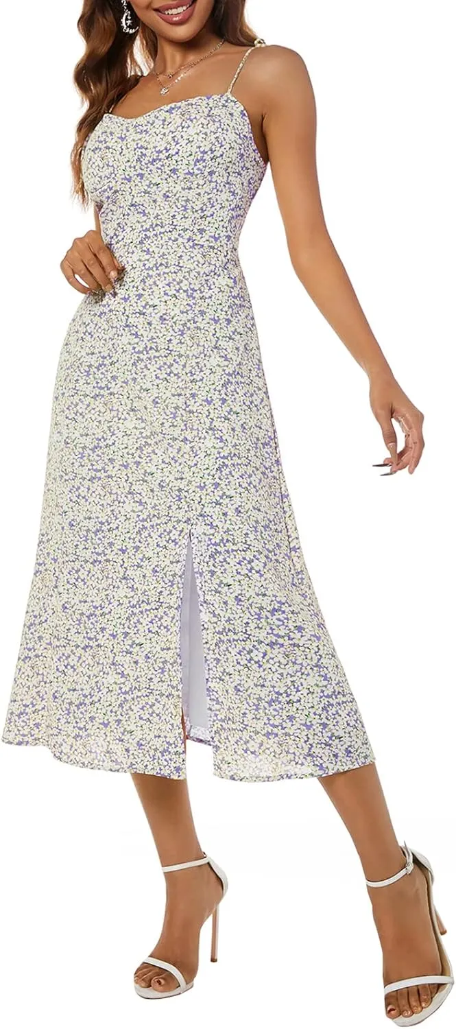 Women's Spaghetti Sleeveless Tie Shoulder Floral Print Strappy Sundress Casual Midi Dress