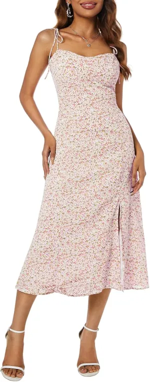 Women's Spaghetti Sleeveless Tie Shoulder Floral Print Strappy Sundress Casual Midi Dress