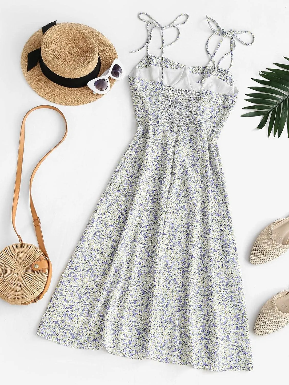 Women's Spaghetti Sleeveless Tie Shoulder Floral Print Strappy Sundress Casual Midi Dress