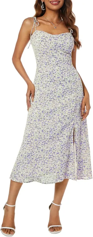 Women's Spaghetti Sleeveless Tie Shoulder Floral Print Strappy Sundress Casual Midi Dress