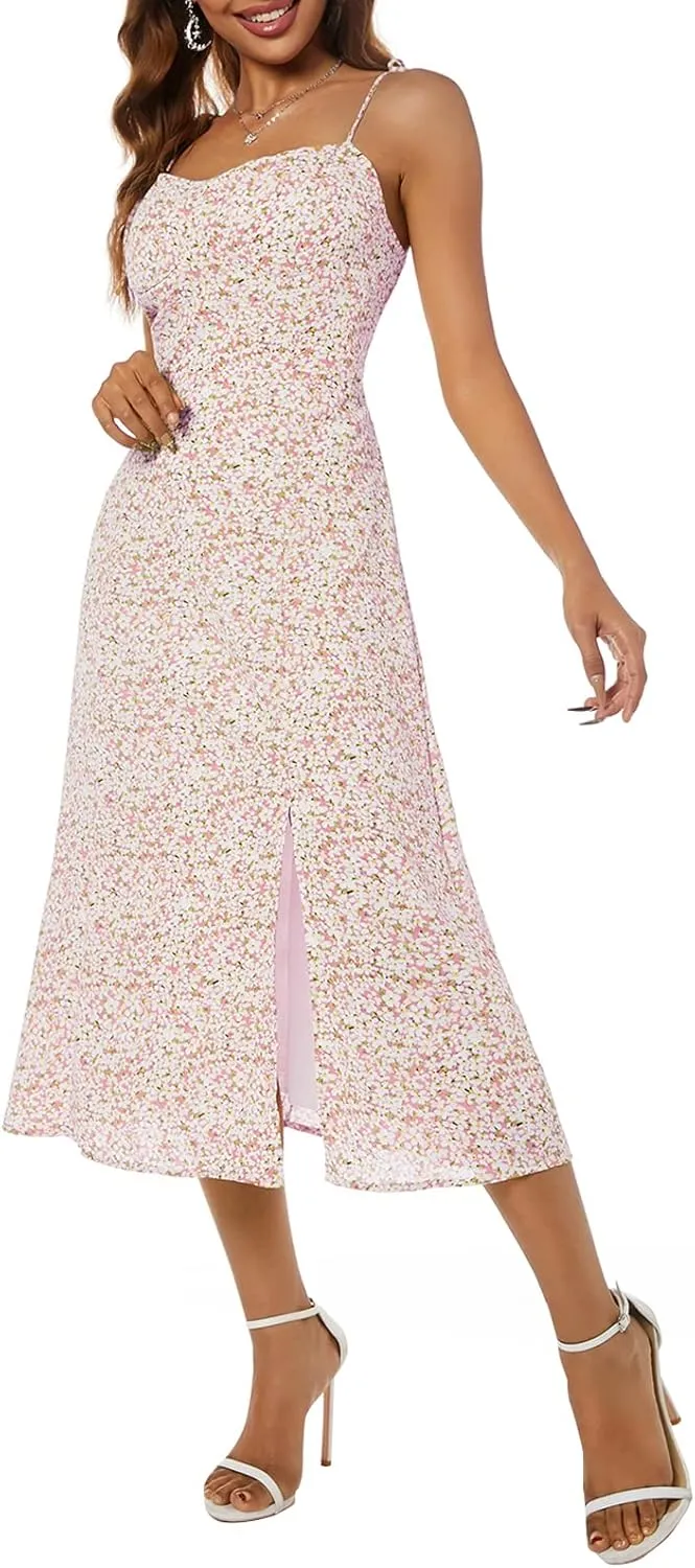 Women's Spaghetti Sleeveless Tie Shoulder Floral Print Strappy Sundress Casual Midi Dress