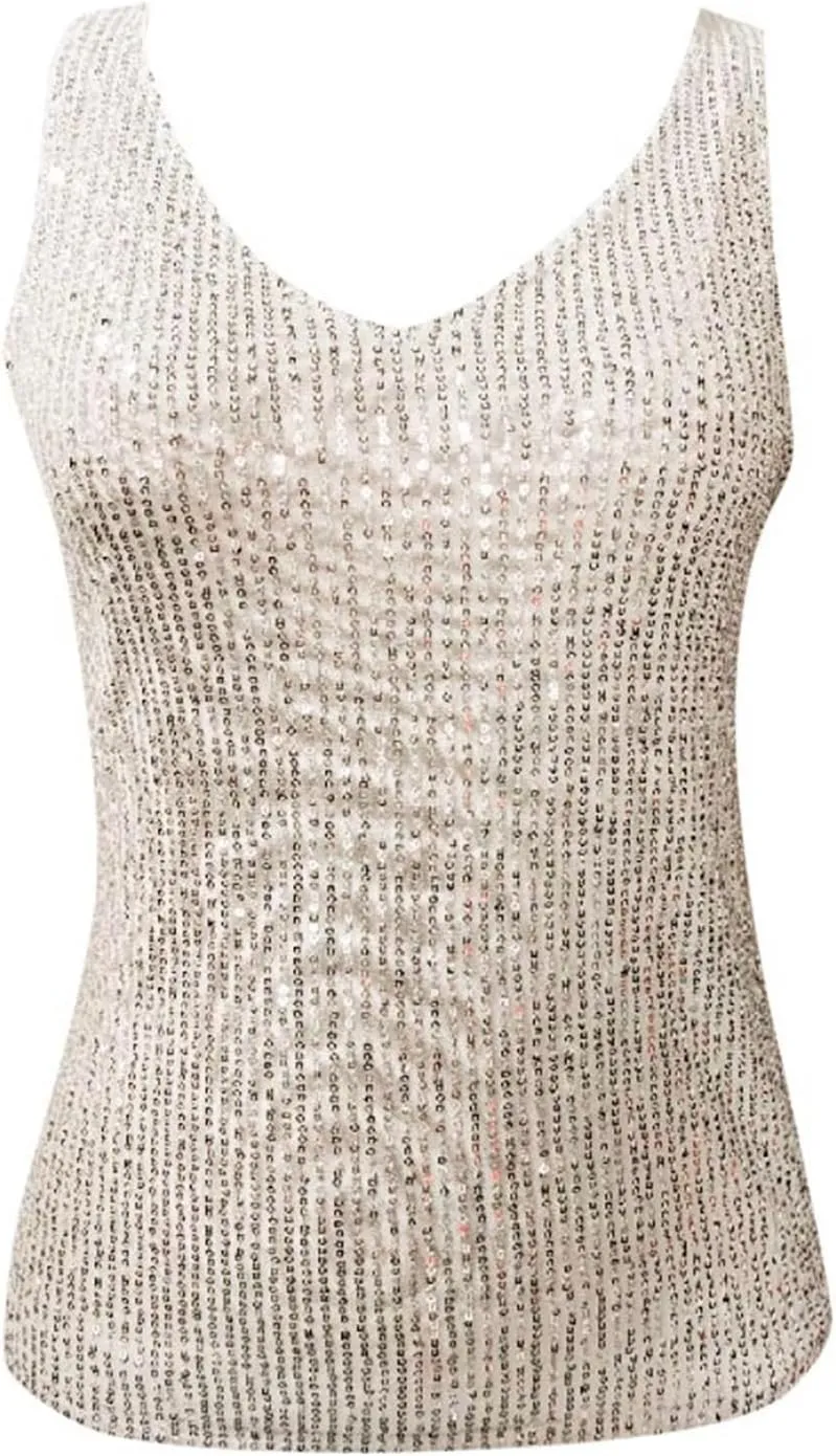 Women's Tank Tops V Neck Casual Strappy Glitter Sequin Sparkle Shimmer Club Camisole Sleeveless Comfy Basic Clothes
