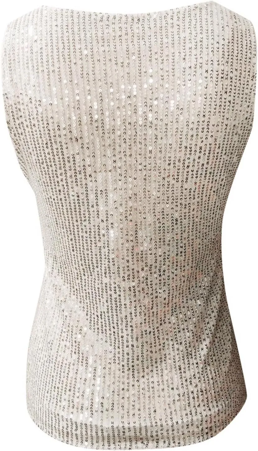 Women's Tank Tops V Neck Casual Strappy Glitter Sequin Sparkle Shimmer Club Camisole Sleeveless Comfy Basic Clothes