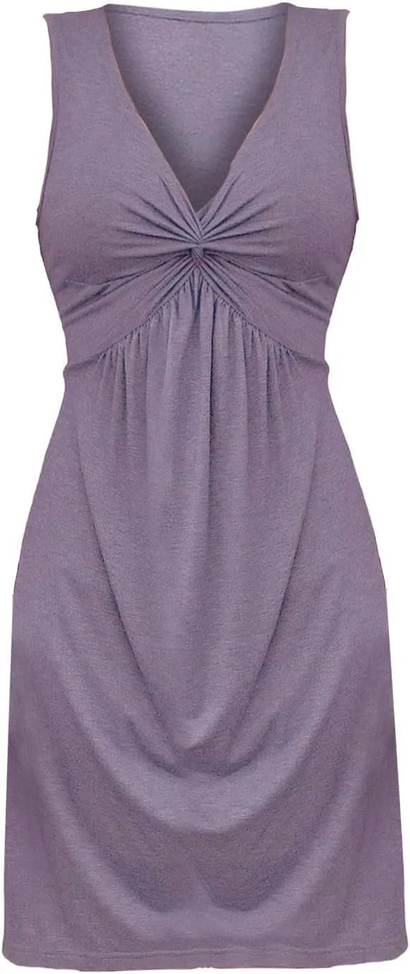 Women's Twist Front V Neck Ruffle Knotted Sleeveless Tank Dress Casual Summer A Line Sundress Vacasion Outfits