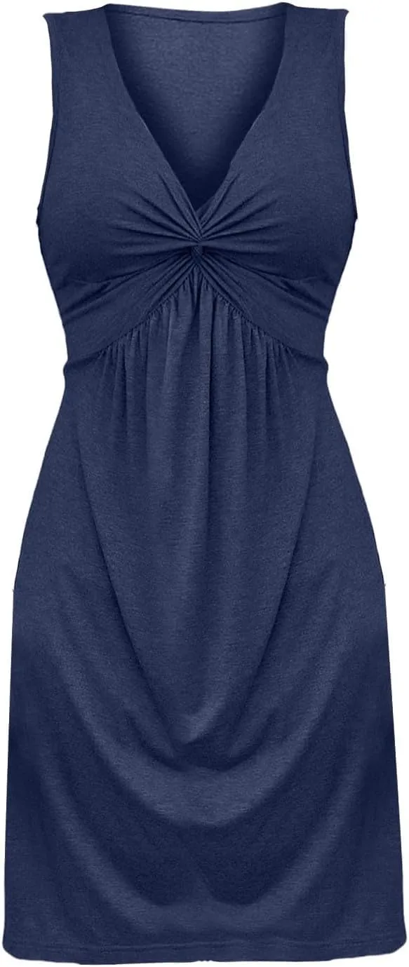 Women's Twist Front V Neck Ruffle Knotted Sleeveless Tank Dress Casual Summer A Line Sundress Vacasion Outfits