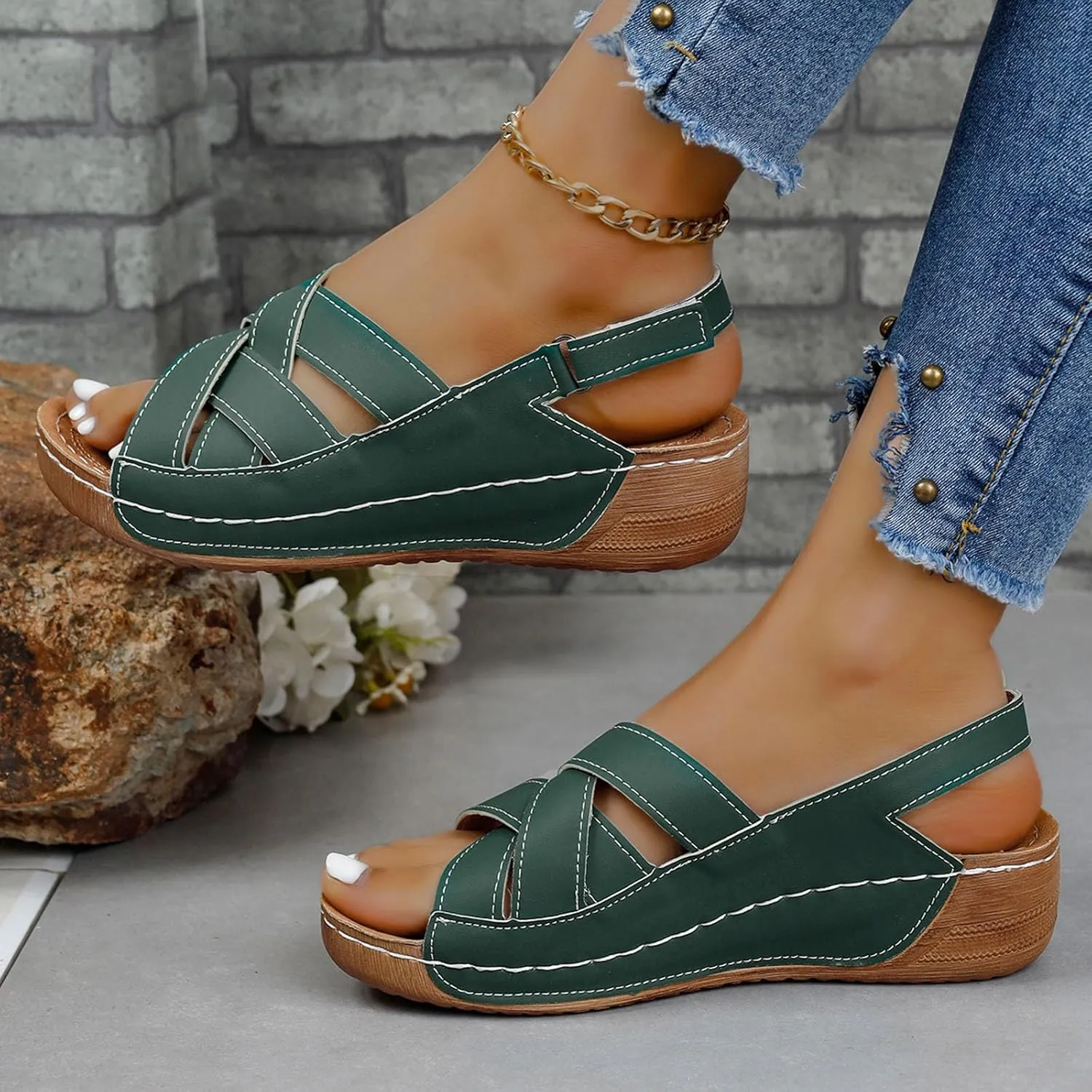 Womens Wedge Sandals Open Toe Ankle Strap Comfortable plantar fascii Sandals orthopedic with Arch Support Casual Walking Shoes Summer