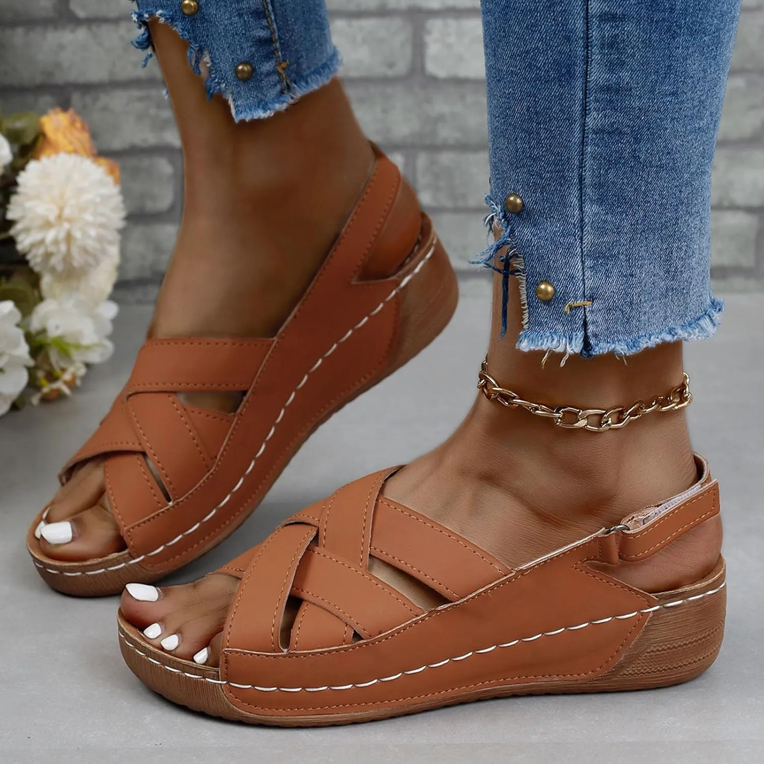 Womens Wedge Sandals Open Toe Ankle Strap Comfortable plantar fascii Sandals orthopedic with Arch Support Casual Walking Shoes Summer