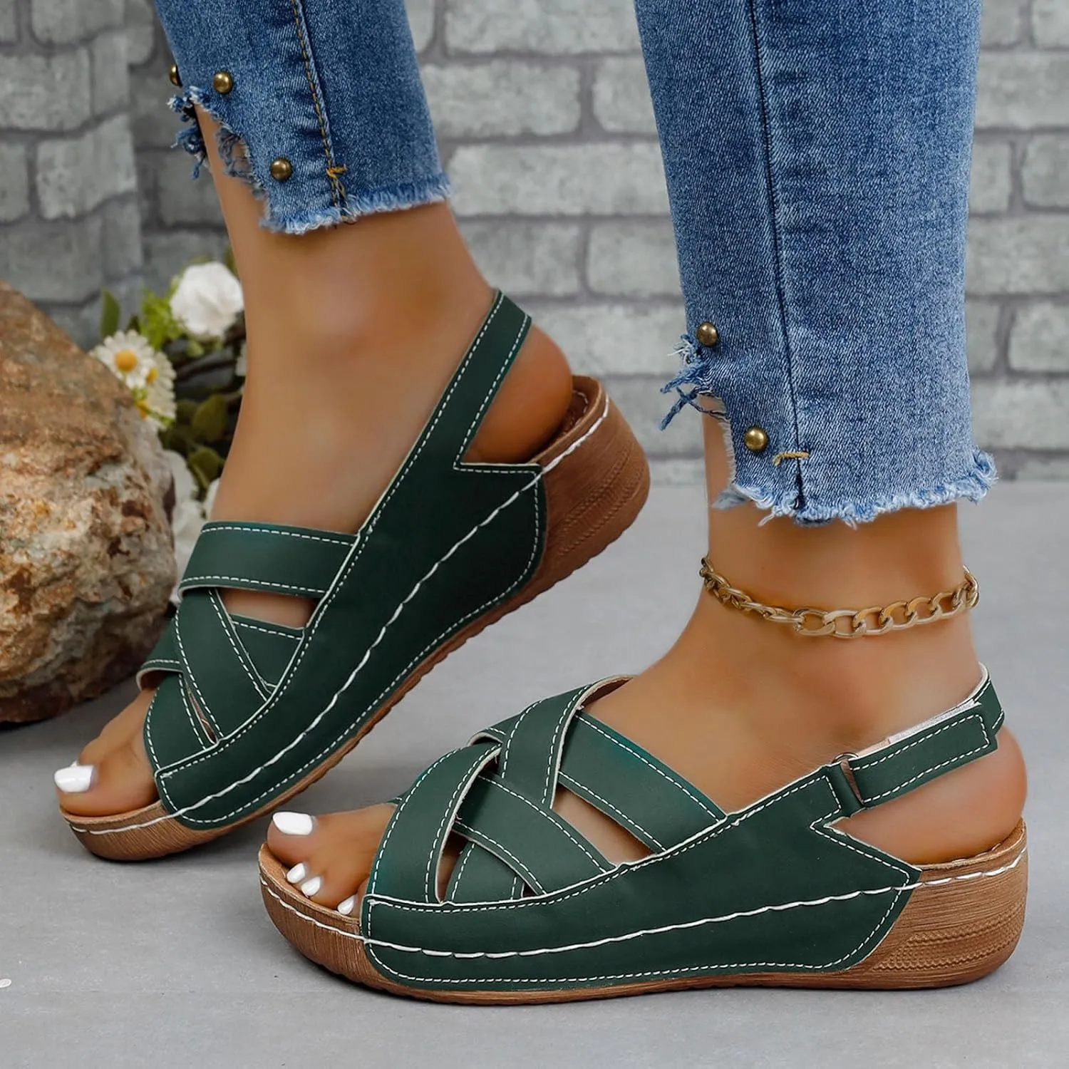 Womens Wedge Sandals Open Toe Ankle Strap Comfortable plantar fascii Sandals orthopedic with Arch Support Casual Walking Shoes Summer