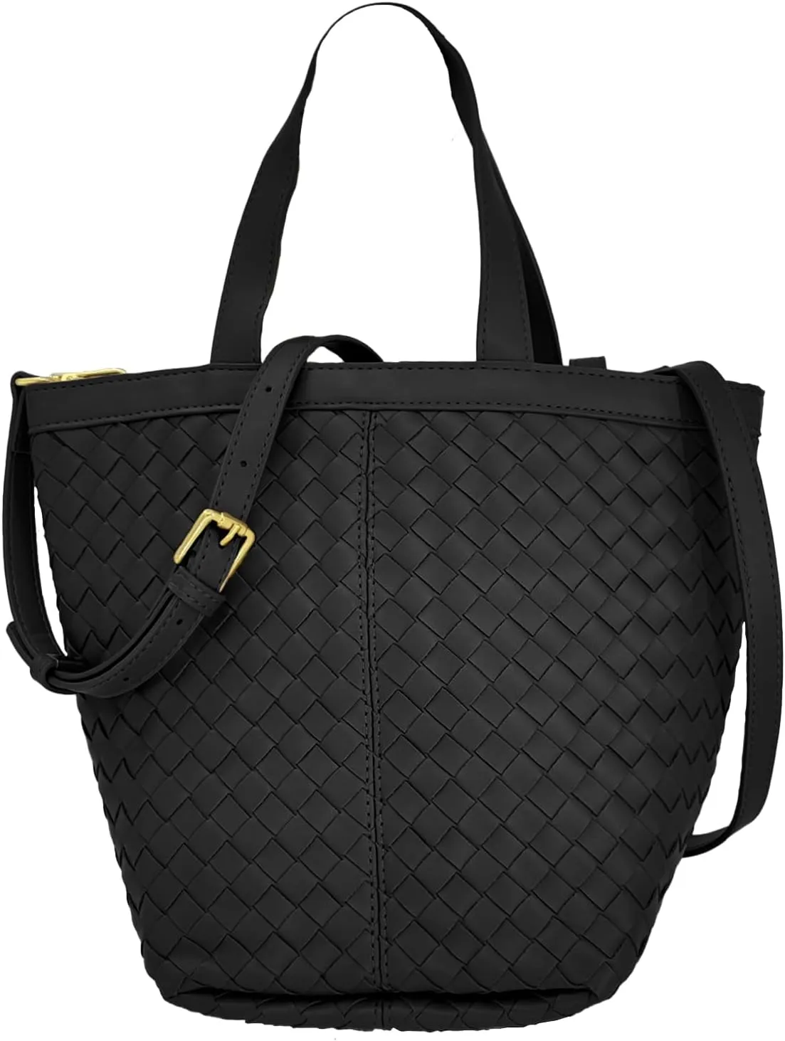 Woven Bucket Bag for Women, Boho Vegan Leather Crossbody Bag with Adjustable Strap