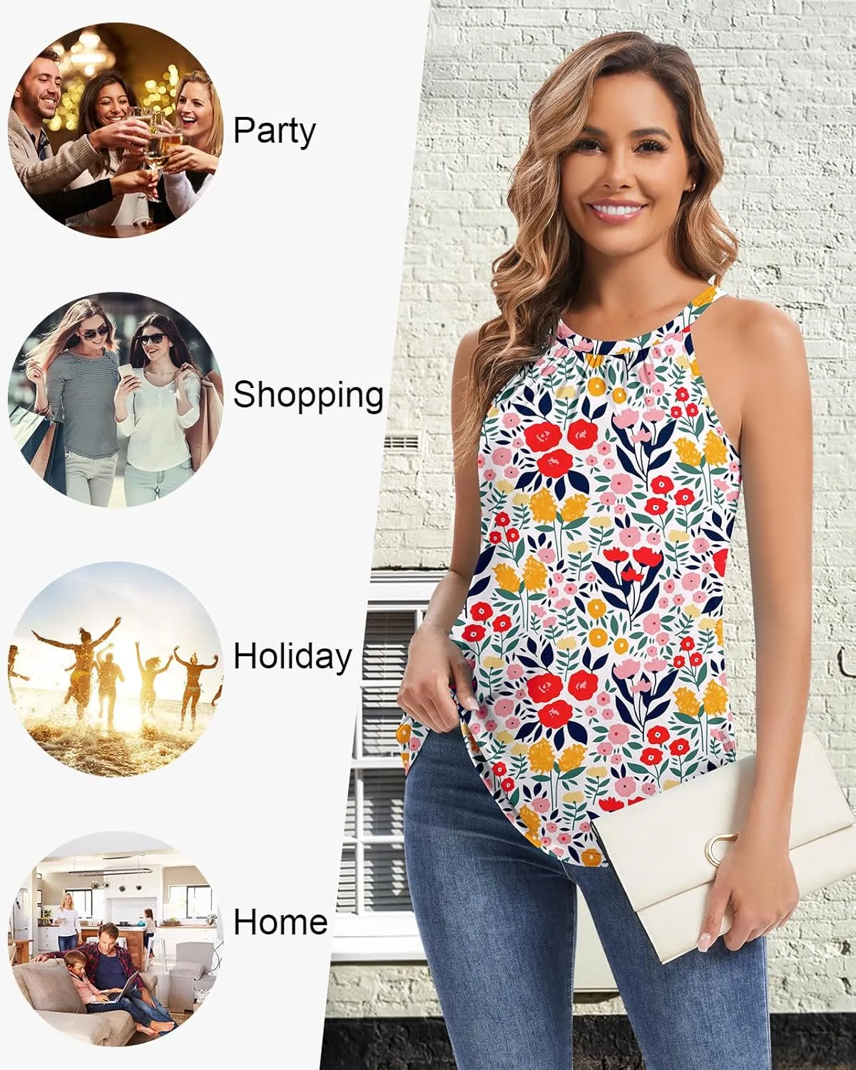 WOWENY Halter Tank Top for Women with Built in Bra Flowy Summer Loose Fit Camisole Sleevless Padded Pleated Dressy Cami Shirt