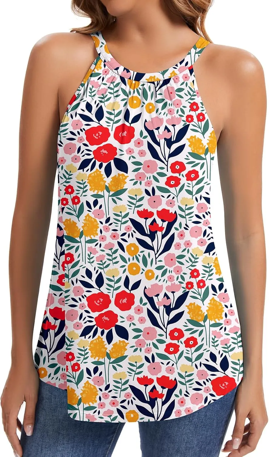 WOWENY Halter Tank Top for Women with Built in Bra Flowy Summer Loose Fit Camisole Sleevless Padded Pleated Dressy Cami Shirt