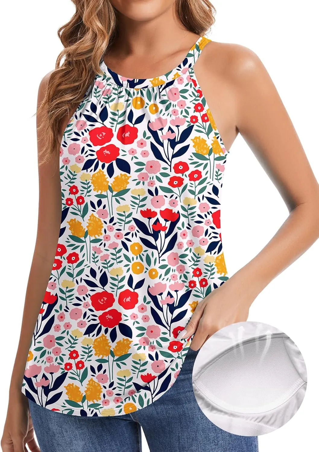 WOWENY Halter Tank Top for Women with Built in Bra Flowy Summer Loose Fit Camisole Sleevless Padded Pleated Dressy Cami Shirt