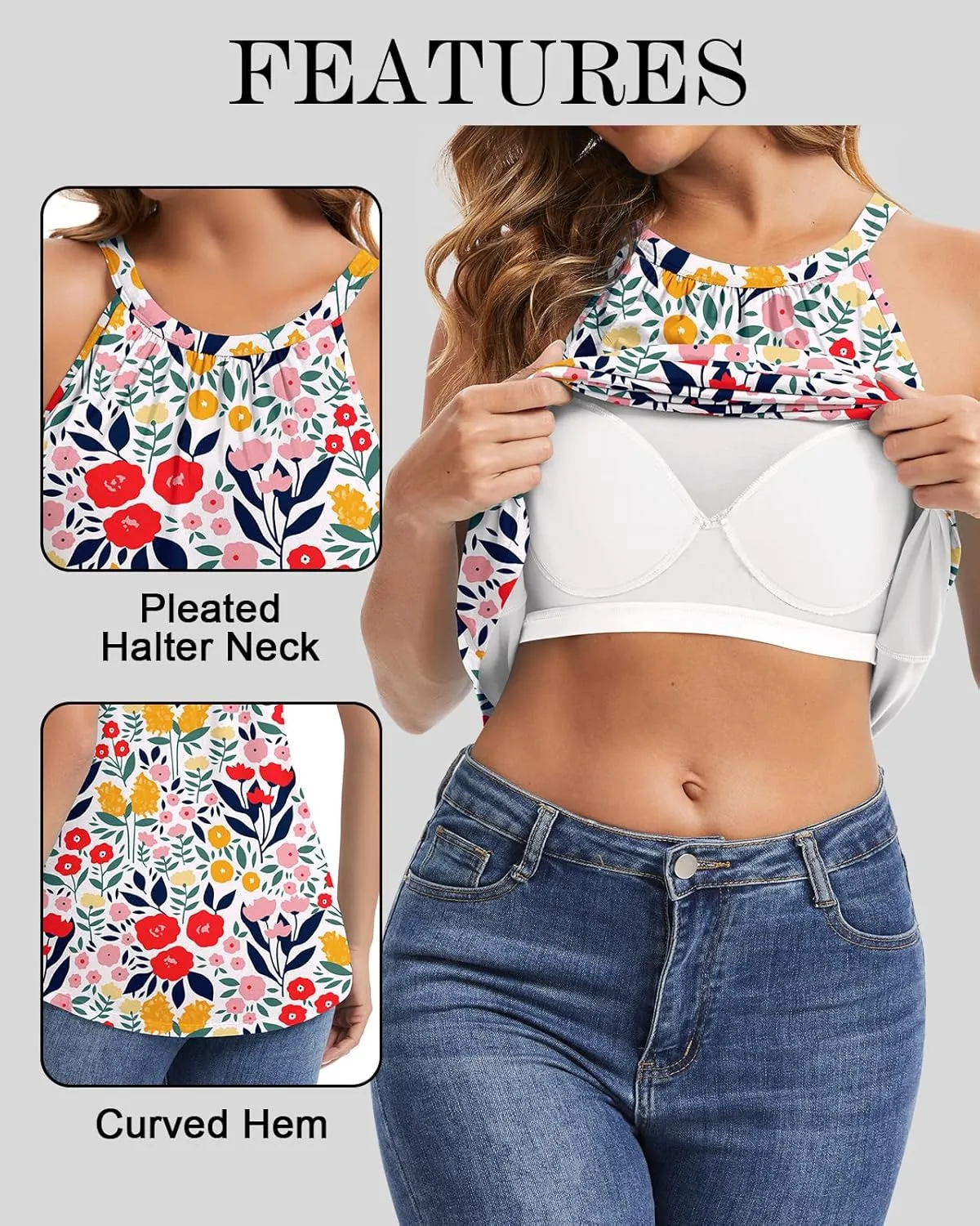WOWENY Halter Tank Top for Women with Built in Bra Flowy Summer Loose Fit Camisole Sleevless Padded Pleated Dressy Cami Shirt