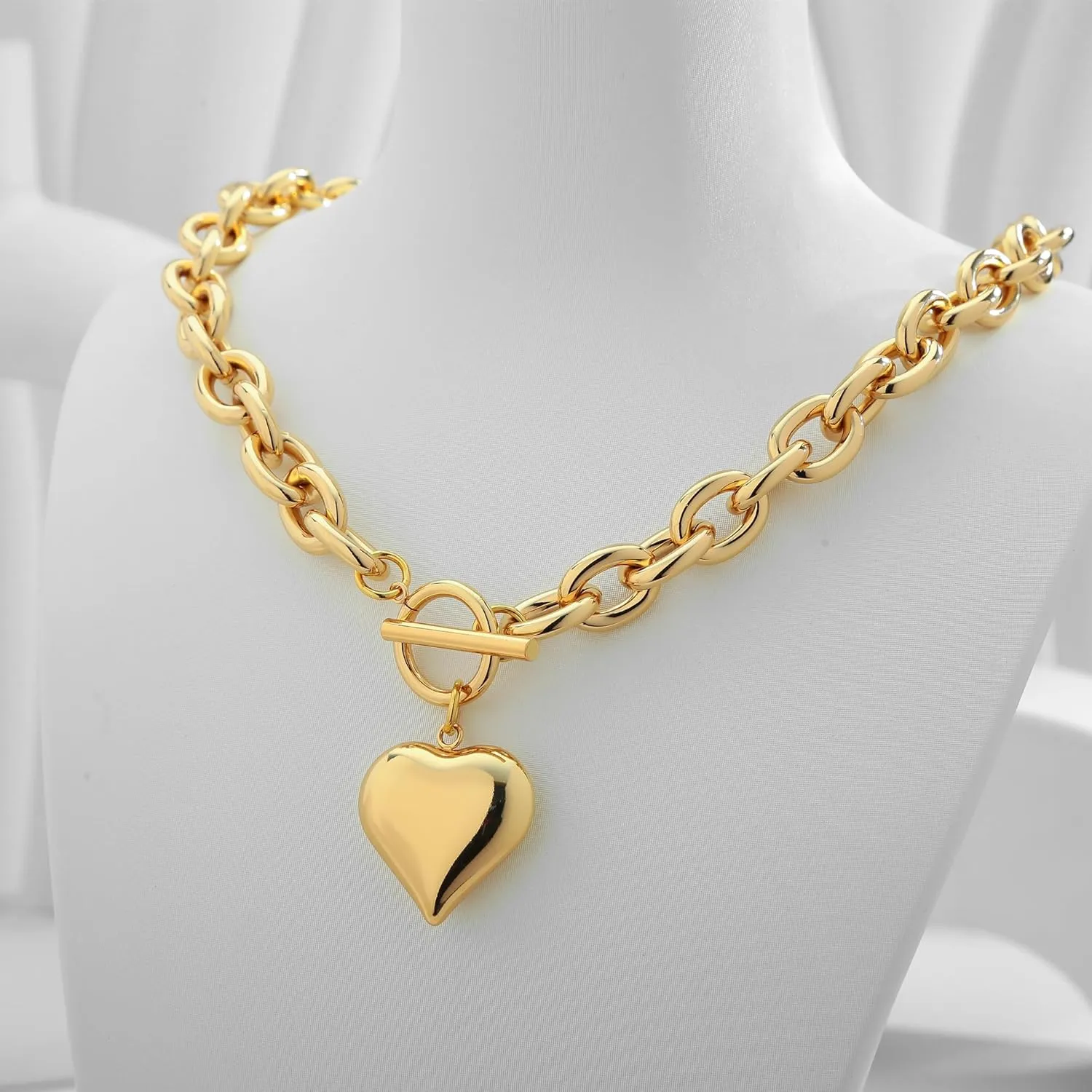 WOWORAMA Gold Chunky Chain Necklace for Women Puffy Heart Pendant Necklace White Gold Thick Chunky Chain Link Necklaces Heart Coin Choker Necklace