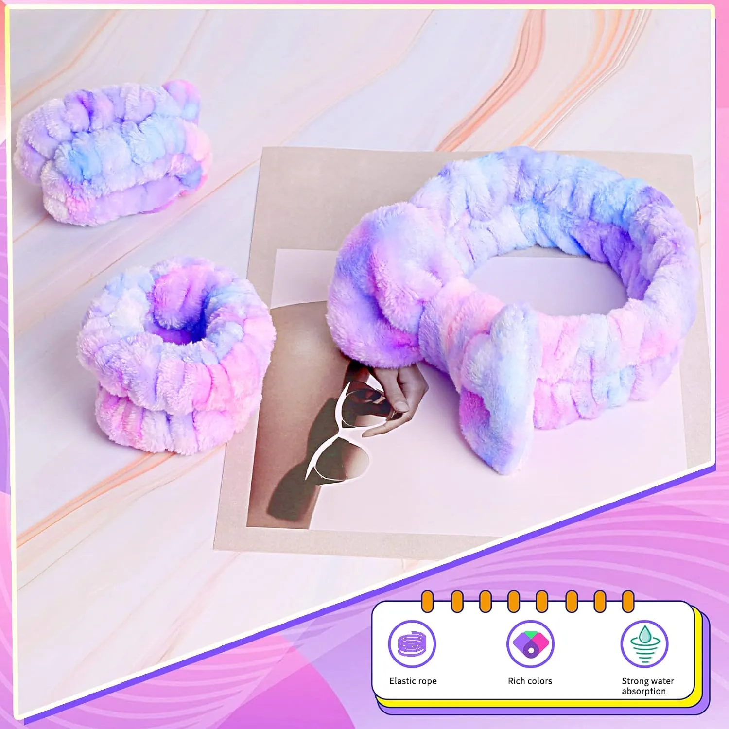 WSYUB Spa Headband and Matching Wrist Bands for Washing Face, Fuzzy Skincare Bow Headbands, Soft Facial Makeup Head Bands, Shower Hair Sleepover Party Supplies