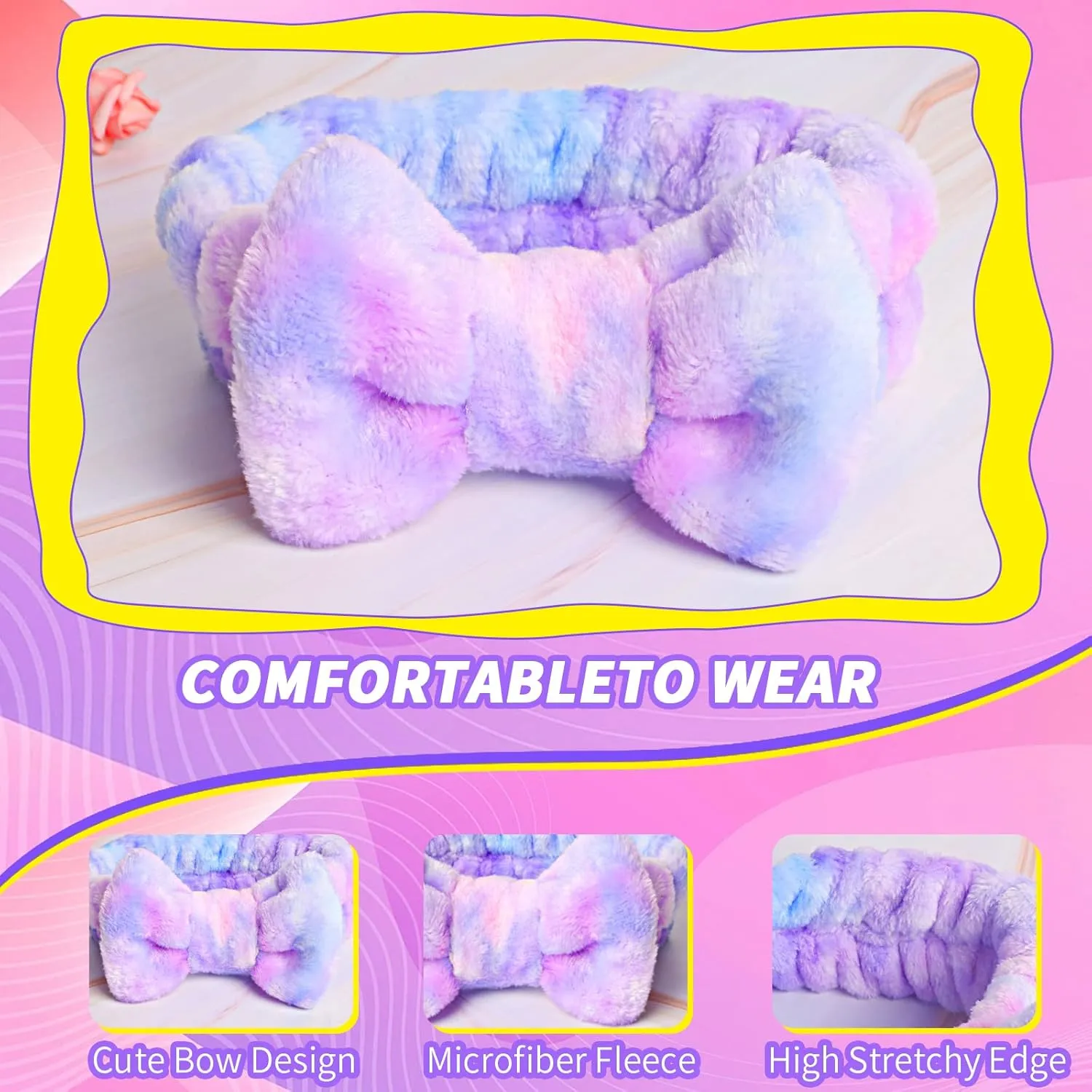 WSYUB Spa Headband and Matching Wrist Bands for Washing Face, Fuzzy Skincare Bow Headbands, Soft Facial Makeup Head Bands, Shower Hair Sleepover Party Supplies