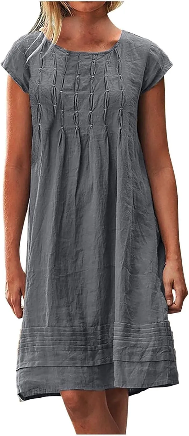 XOWRTE Women's Cotton Linen Midi Dress Plus Size Cap Sleeve Pleated Summer Dresses Vacation 2025 Crew Neck Wear