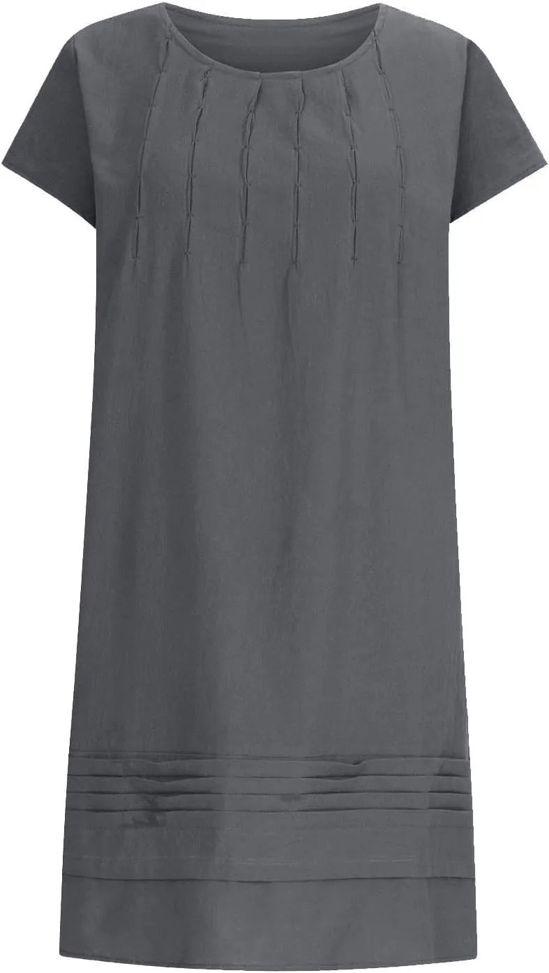 XOWRTE Women's Cotton Linen Midi Dress Plus Size Cap Sleeve Pleated Summer Dresses Vacation 2025 Crew Neck Wear