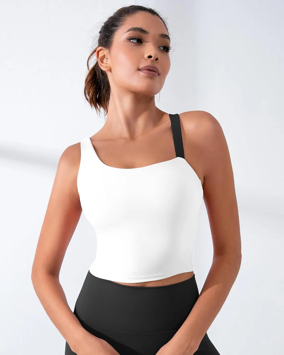 XUNYU Longline Sports Bras for Women One Shoulder Workout Tank Tops Built in Bra Open Back Yoga Crop Top Athletic Shirt Gym