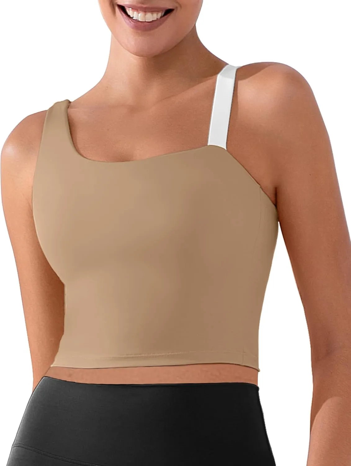XUNYU Longline Sports Bras for Women One Shoulder Workout Tank Tops Built in Bra Open Back Yoga Crop Top Athletic Shirt Gym