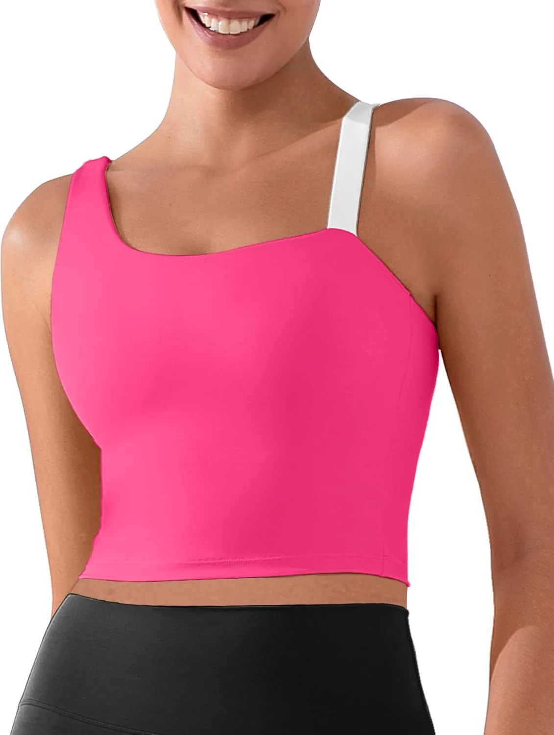 XUNYU Longline Sports Bras for Women One Shoulder Workout Tank Tops Built in Bra Open Back Yoga Crop Top Athletic Shirt Gym