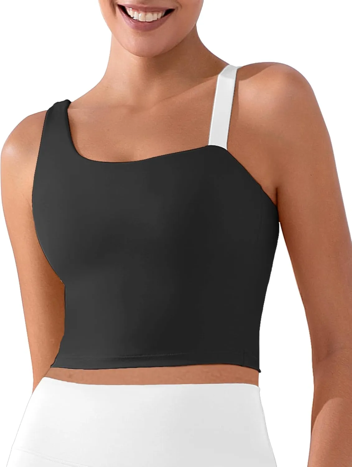 XUNYU Longline Sports Bras for Women One Shoulder Workout Tank Tops Built in Bra Open Back Yoga Crop Top Athletic Shirt Gym