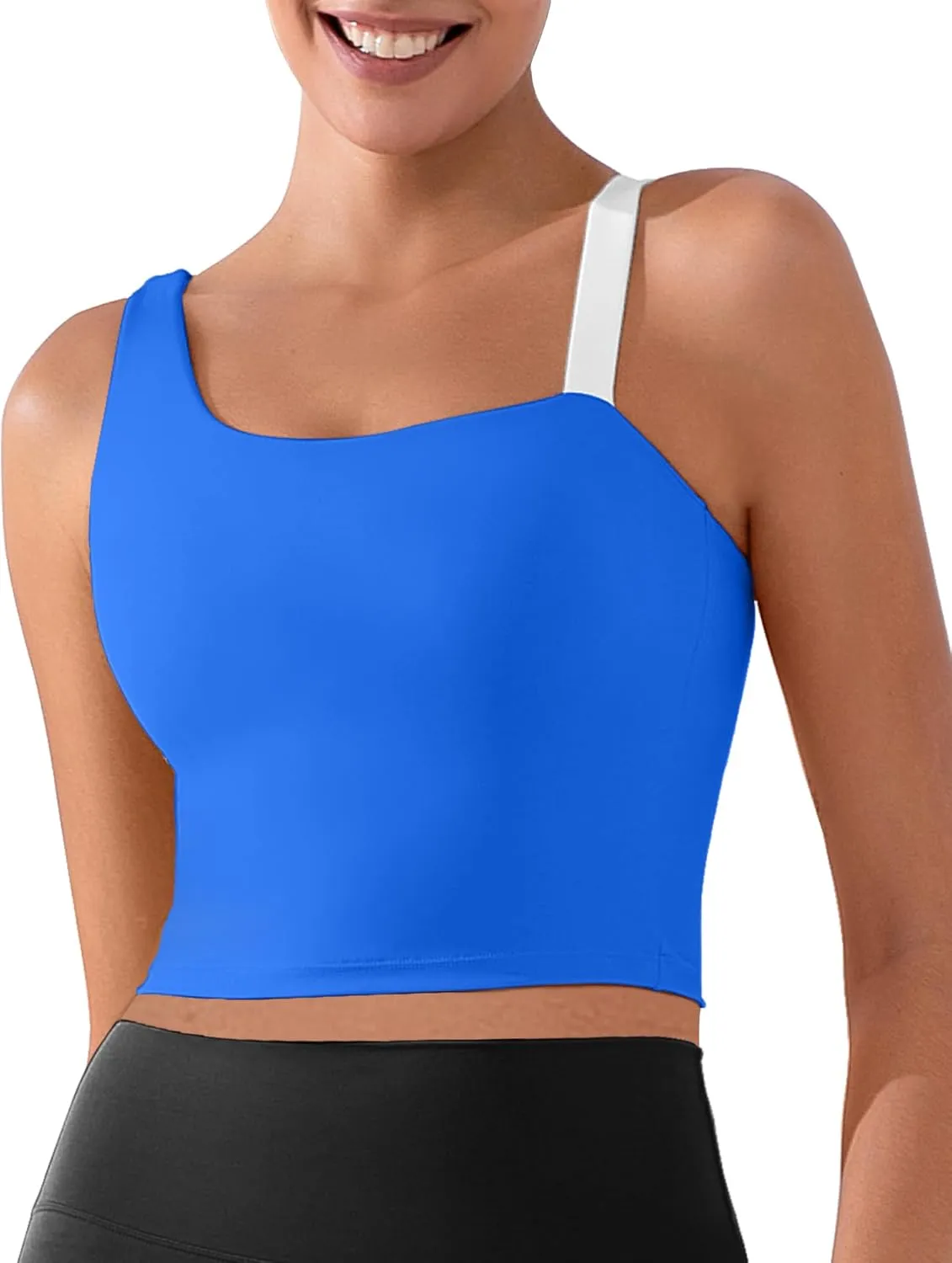 XUNYU Longline Sports Bras for Women One Shoulder Workout Tank Tops Built in Bra Open Back Yoga Crop Top Athletic Shirt Gym
