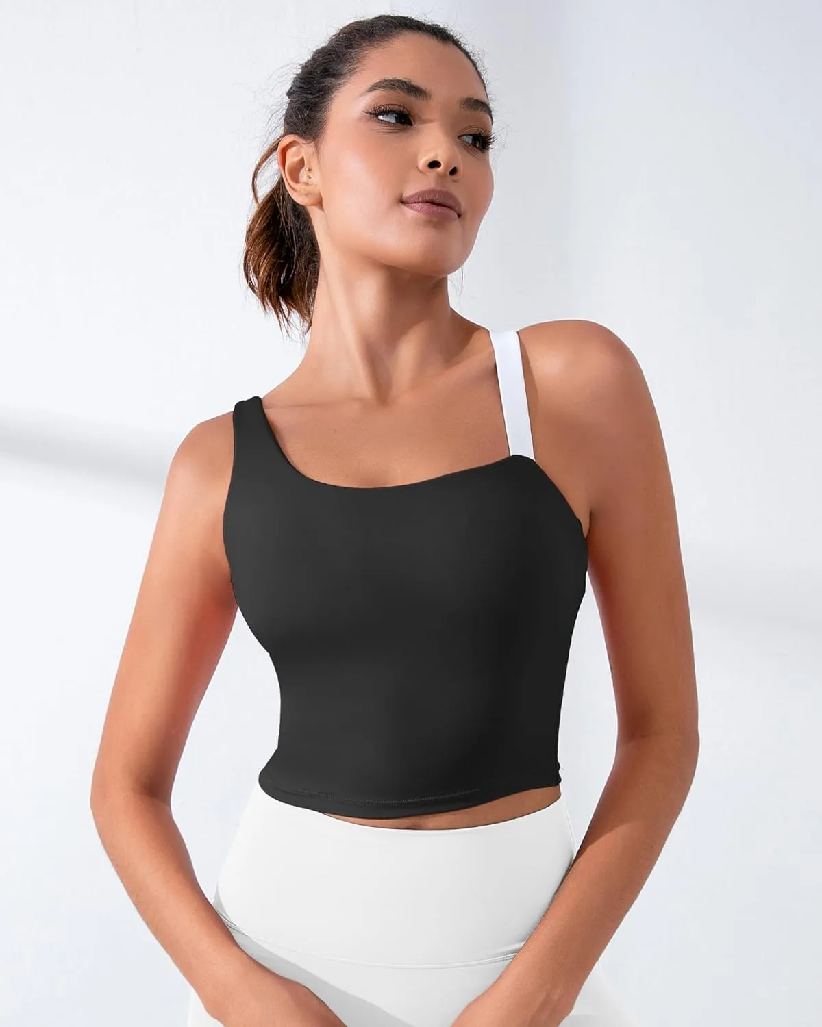 XUNYU Longline Sports Bras for Women One Shoulder Workout Tank Tops Built in Bra Open Back Yoga Crop Top Athletic Shirt Gym