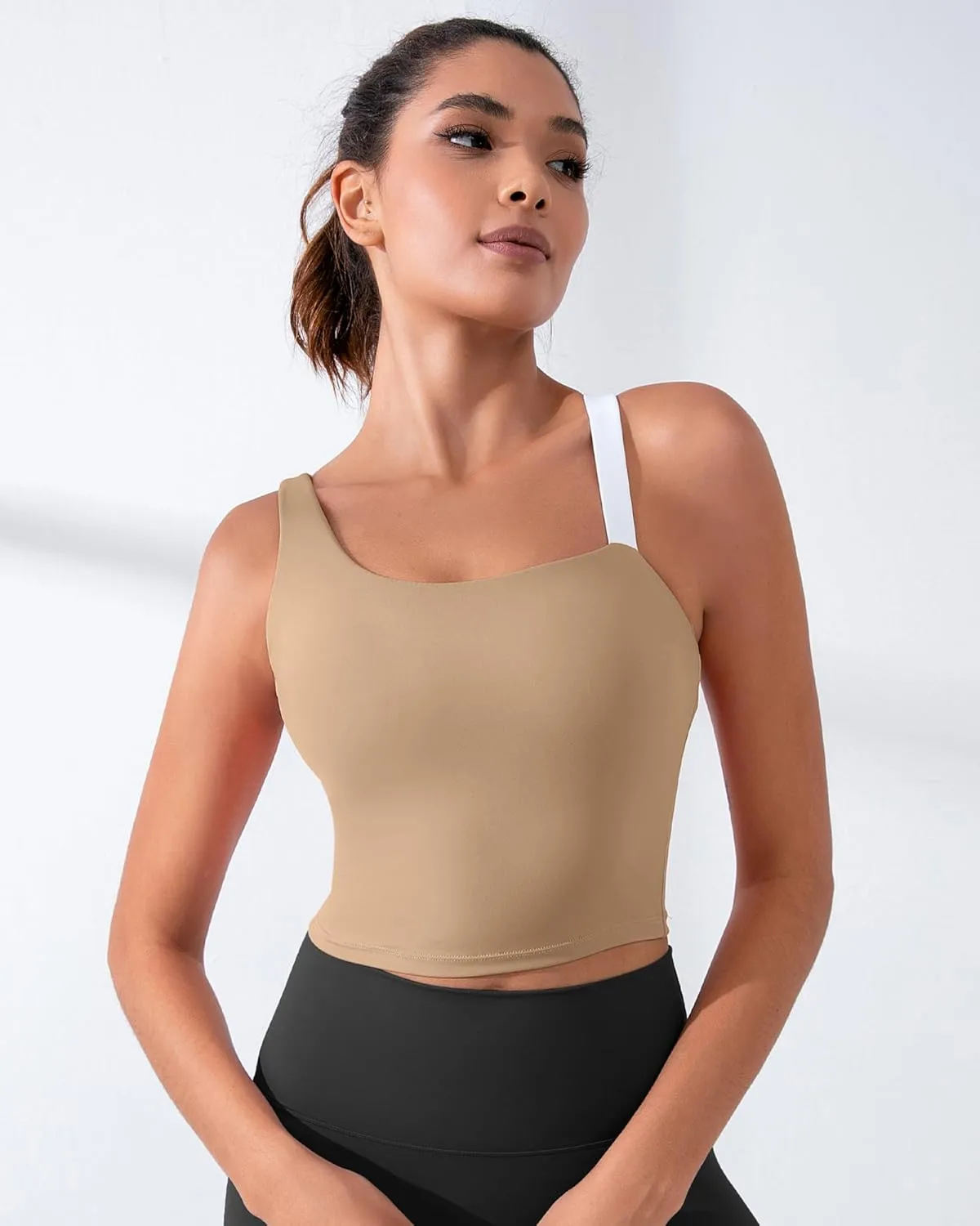 XUNYU Longline Sports Bras for Women One Shoulder Workout Tank Tops Built in Bra Open Back Yoga Crop Top Athletic Shirt Gym