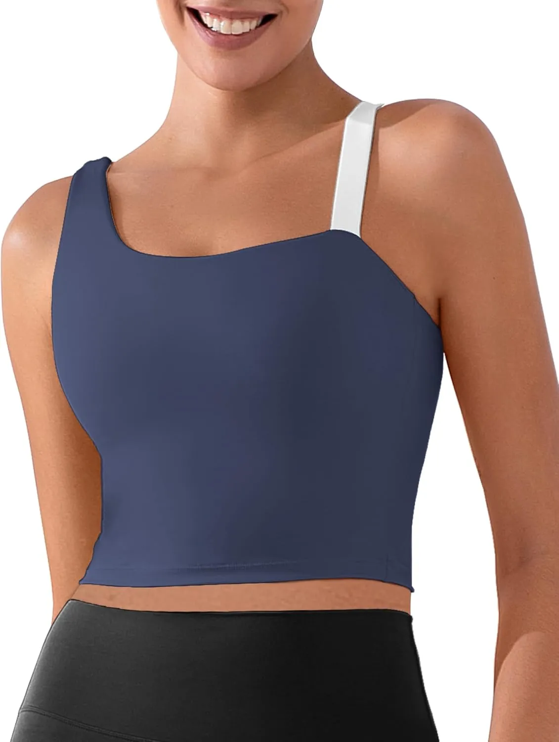 XUNYU Longline Sports Bras for Women One Shoulder Workout Tank Tops Built in Bra Open Back Yoga Crop Top Athletic Shirt Gym