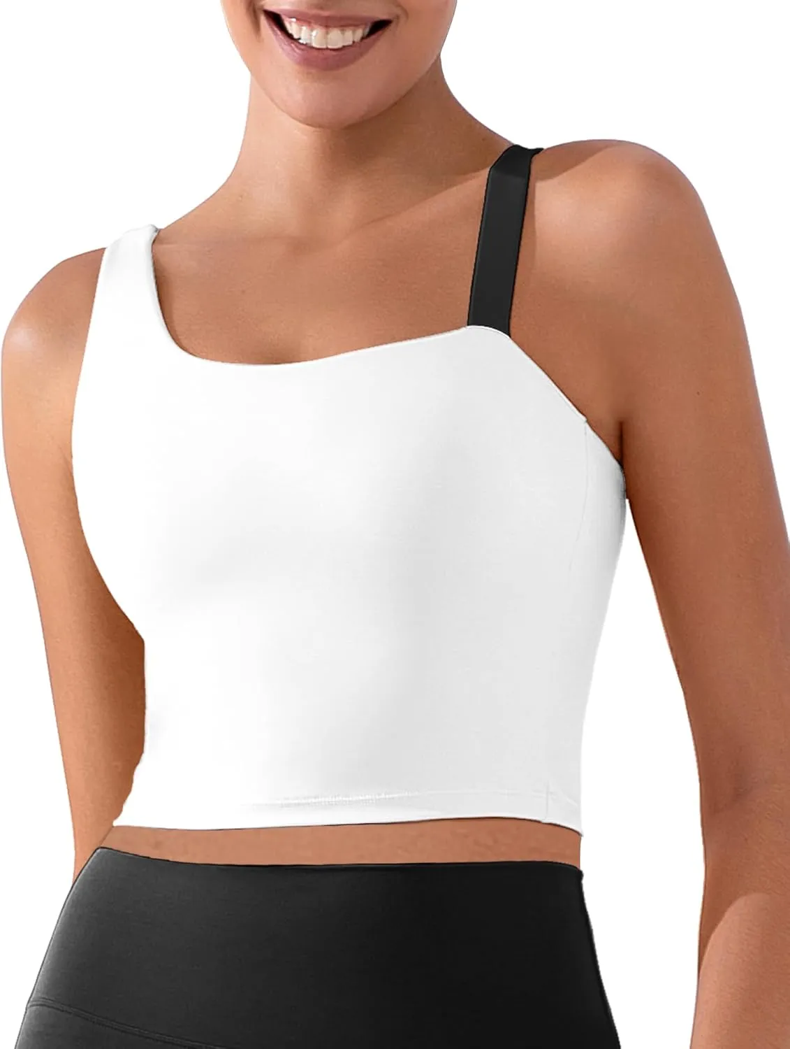 XUNYU Longline Sports Bras for Women One Shoulder Workout Tank Tops Built in Bra Open Back Yoga Crop Top Athletic Shirt Gym