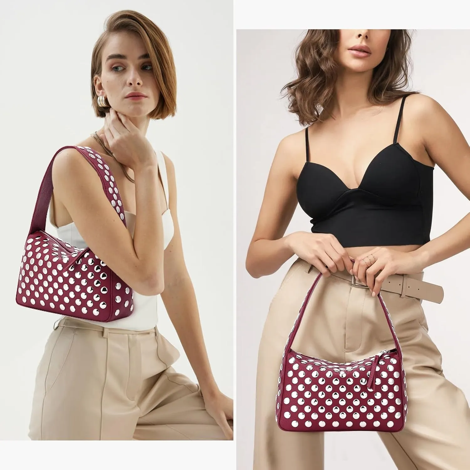 YFGBCX Shoulder Bag for Women Black Studded Purse Fall Handbag Wine Red Bag Vegan Leather Shoulder Purse