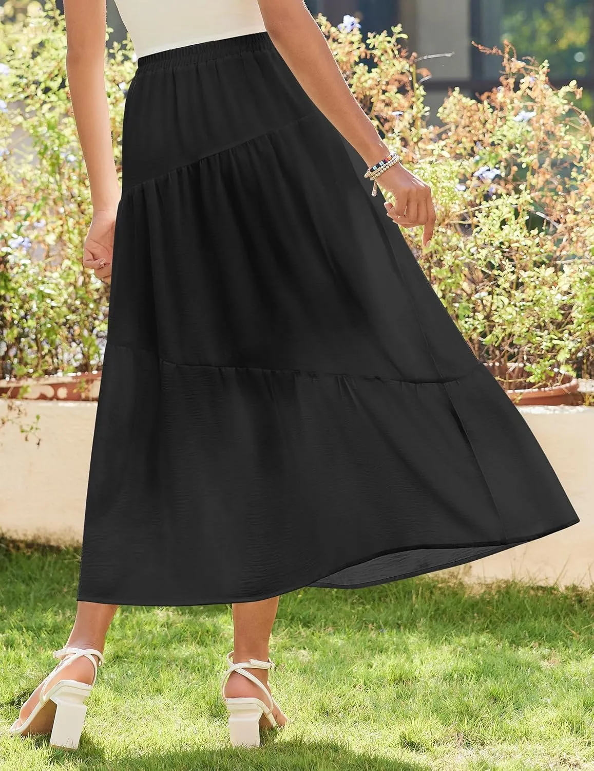 Zeagoo Women's Midi Summer Boho Flowy Swing A-Line Skirts 2025 Casual Elastic Waist Asymmetric Tiered Long Skirt with Pocket